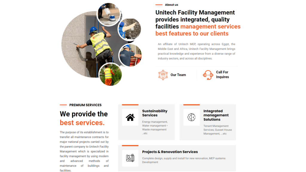 unitech website homepage featuring the logo, navigation menu, and contact information.